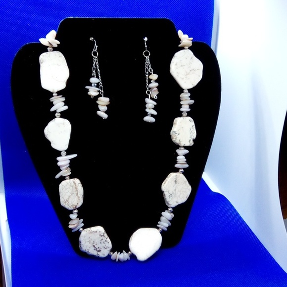 🆕 Bone White/Brown/Grey stone/marble Earrings & Necklace set @HANDMADE Original - Picture 1 of 4